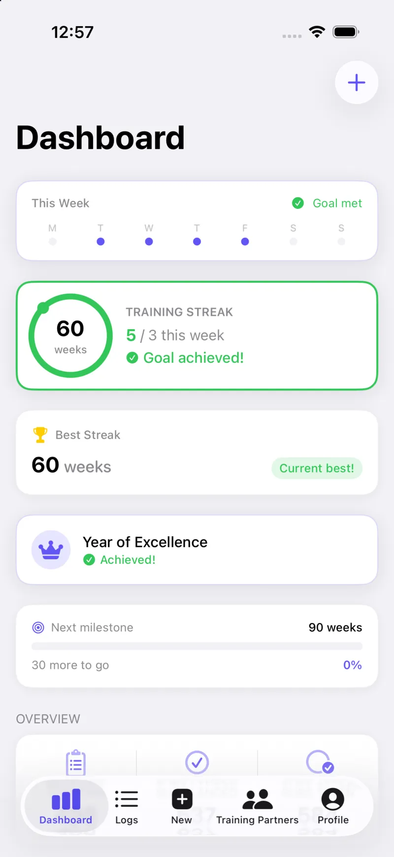 Jiu-Jitsu Logs dashboard, showing a training streak ring, best streak, and achievements