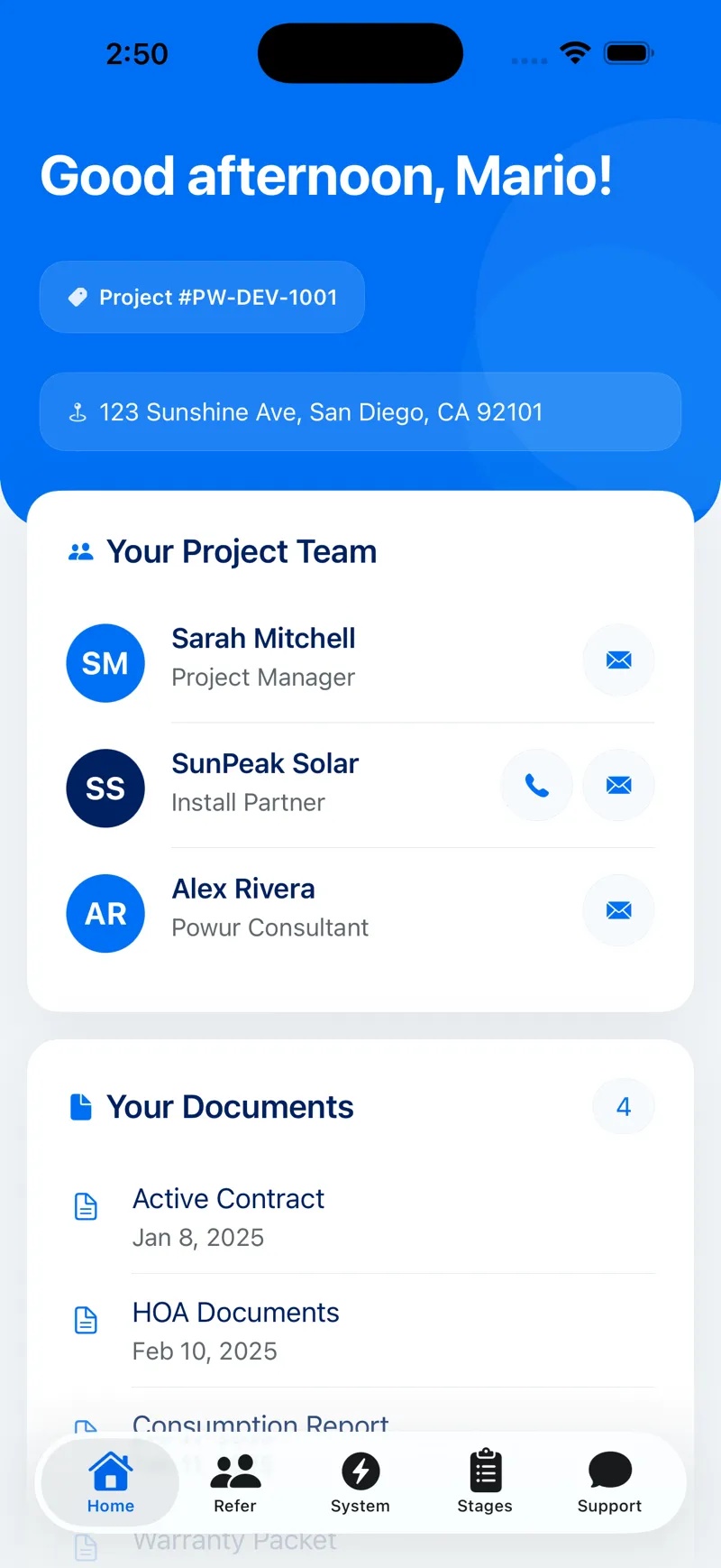 Powur Home app, showing a homeowner's solar project team and documents